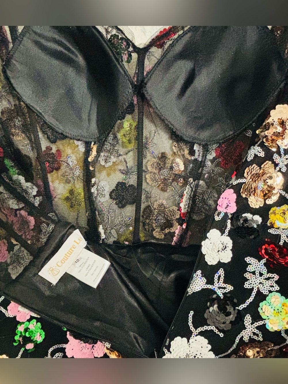 COUTURE LEE Strapless Garden In Bloom Floral Sequin Midi Black/Multi Sz 12 #3701 - Picture 10 of 16
